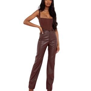 House of CB London Inaya Stretch Dark Brown Soft Vegan Leather Trousers, L NWOT